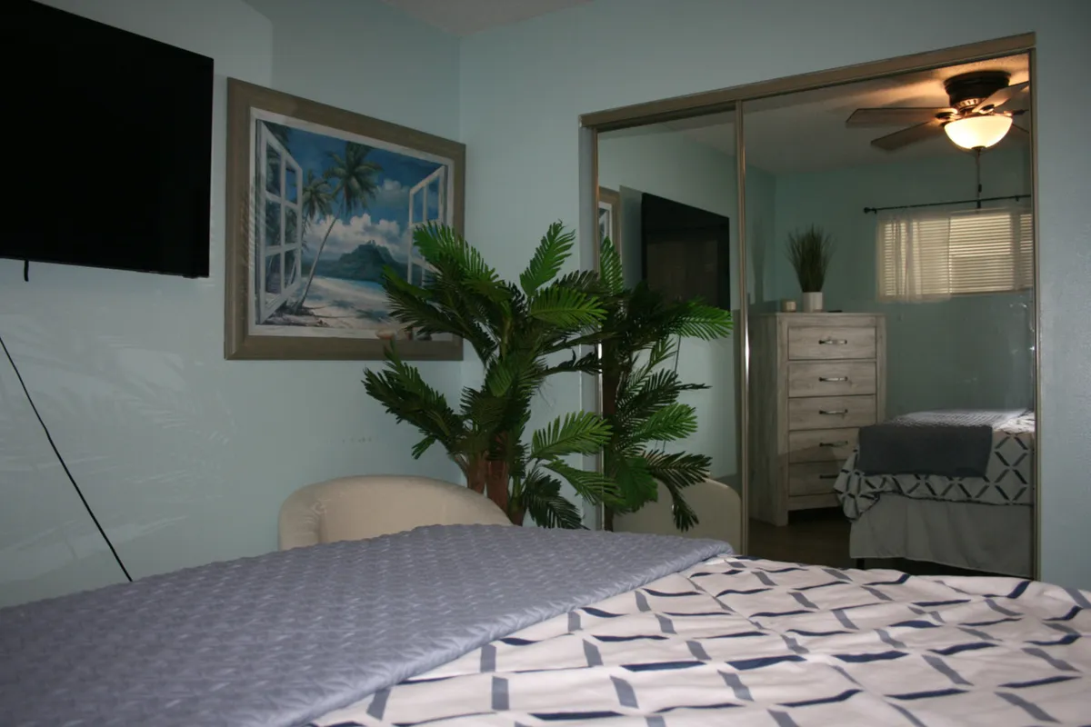 A large bed with patterned bedding and a cozy throw sits beneath a wall-mounted flat screen TV. A potted tropical plant adds a touch of greenery, while large mirrored closet doors reflect natural light, helping the room feel even more spacious. The overall palette is soft and restful, creating a calm, inviting retreat ideal for relaxing after lively days.